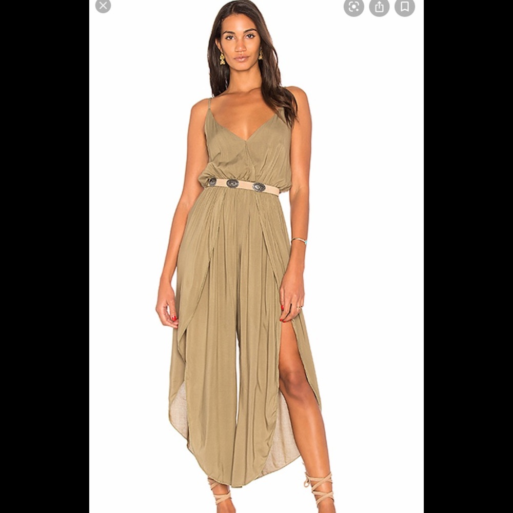 Delacy Olive Green Plunge Jumpsuit with Slits